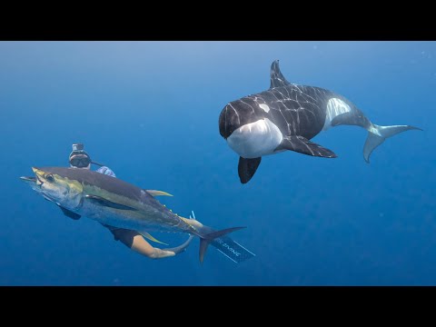 Видео: Самый БЕЗУМНЫЙ момент с косатками | Подводная охота на тунца с косатками в Коста-Рике