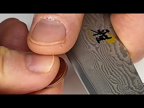 Видео: Проверка закалки ножа монетой MIYABI BLACK 5000 MCD 67 MC66 CRYODUR MICRO CARBIDE