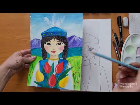 Видео: видеоурок по Изо для детей 3х и 4х классов начальной школы.  Портрет девочки"С Наурызом!"