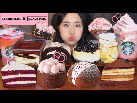 Видео: Сотрудничество🖤 Старбакс & Черный Розовый Десерт АСМР МукбангㅣDessert Starbucks Cake Mukbang