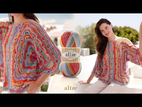 Видео: Блузка шестиугольной вирусной строчки крючком с Alize Diva Batik