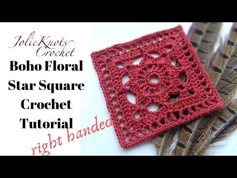 Видео: Урок по вязанию крючком квадрата со звездами и цветами в стиле бохо. Для правшей — установите фла...