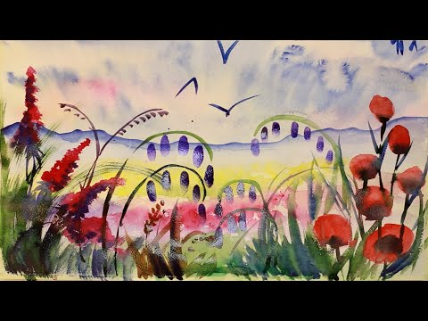 Видео: Курс рисования "Акварельная живопись" Начинающие. Урок 5-2.  Цветочное поле.