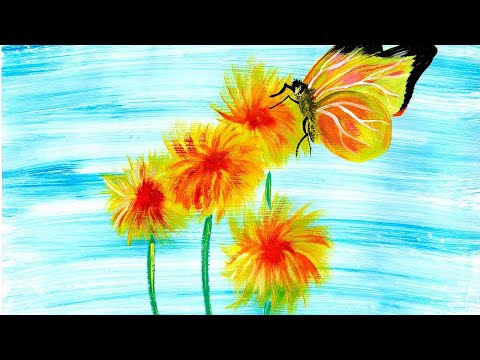 Видео: Как нарисовать желтые одуванчики, гуашью. Рисуем пейзаж легко, красками. Рисуем бабочку и одуванчики
