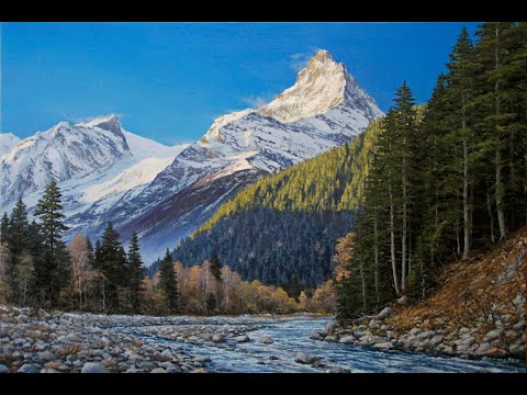 Видео: Пишем картину маслом "Рассвет в Домбае, гора Белалакая" Artist Alik Oleynik
