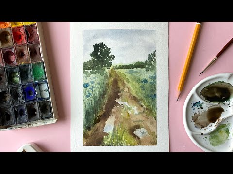 Видео: Летний пейзаж акварелью. Рисуем поле и дорогу с лужами