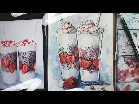 Видео: Фуд скетч. Коктейль. Урок акварели