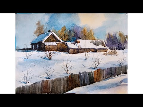 Видео: How to paint a winter landscape / Winter Village / Watercolor / Рисуем зимний пейзаж  / Акварель