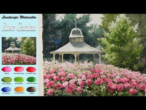 Видео: Пейзаж Акварель - Роза сад (Masking technique, wet-in-wet, Arches rough)NAMIL ART