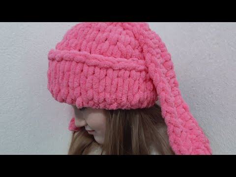 Видео: Шапка с ушками из ализе пуффи/Вяжем без спиц и крючка/Hat with bunny ears/Alize Puffy