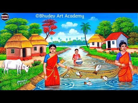 Видео: Картина «Рыбак из индийской деревни» | Красивая картина с изображением индийской деревни, нарисов...