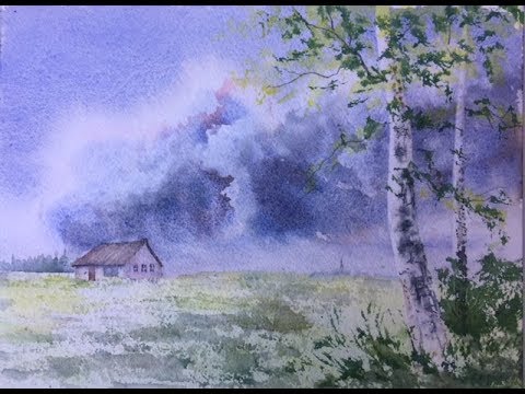 Видео: Грозовое небо. Акварель + гуашь. Stormy sky in watercolour + gouache