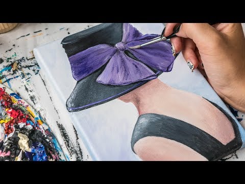 Видео: Рисование акрилом - Девушка в черной шляпе с фиолетовым бантом (4k)