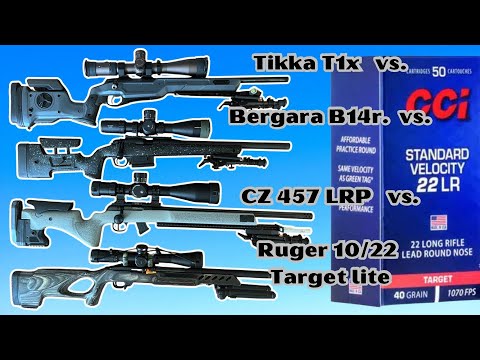 Видео: Bergara B14r против Tikka T1x против CZ 457 LRP против Ruger 10:22 — стандарт CCI: скоростная точ...