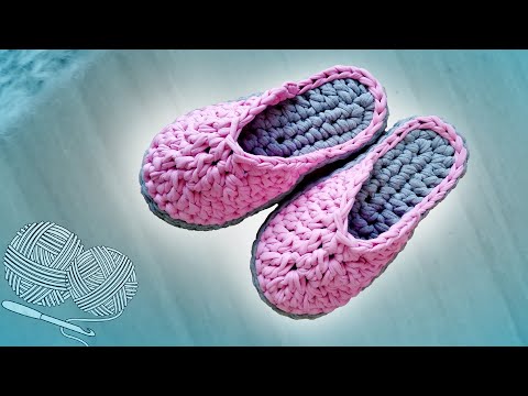 Видео: Тапочки из трикотажной пряжи // Подробный МК // Вязание крючком