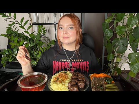 Видео: МУКБАНГ | Борщ пятиминутка, пюре с митболами | Mukbang | Borsch, potato with meatballs | Vegan