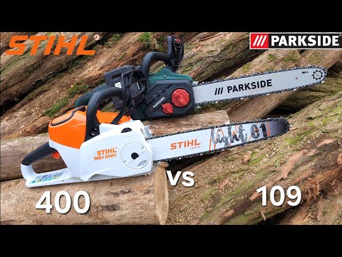 Видео: Сравнение любительских бензопил Parkside PKSA 40 Li B2 и профессиональной Stihl MSA 200 C