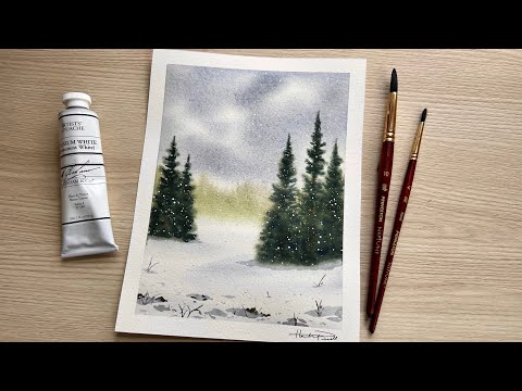 Видео: Рисуем акварелью заснеженный зимний пейзаж | пошаговое руководство по рисованию акварелью в режим...