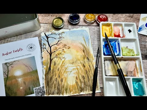 Видео: Урок по акварели на осень | Рисуем закат на янтарных полях в тёплых осенних тонах