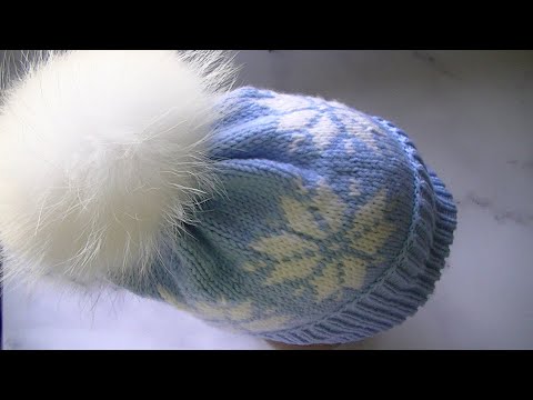 Видео: Вяжем шапку  с жаккардовым узором  снежинки.