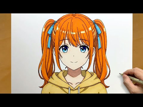 Видео: Пошаговый рисунок аниме-девушки || Как нарисовать милую девушку с оранжевыми волосами