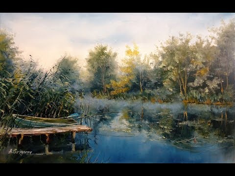 Видео: 🔝 ХуДоЖнИкИ Картина маслом / Пейзаж / Утро рассвет / Река лодка туман рыбалка /Александр Григорьев