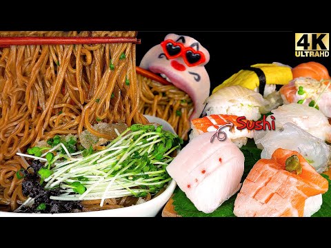 Видео: мини сырая рыба рис и холодная гречневая лапша [ASMR MUKBANG]