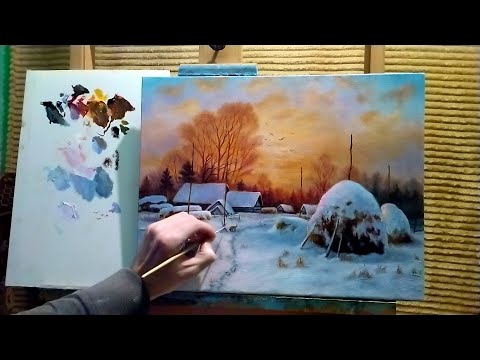 Видео: Пишем зимний пейзаж на закате|много нюансов|как рисовать зимний пейзаж #живопись #art #уроки