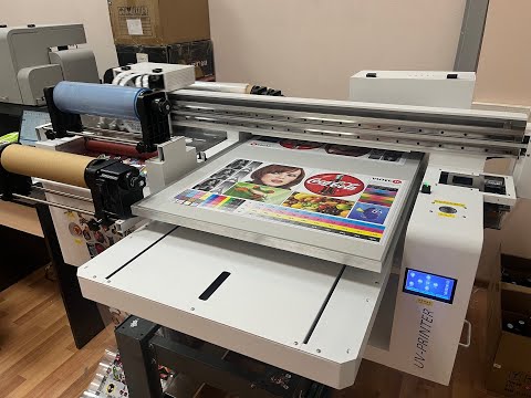 Видео: УФ принтер FS-6090uv-i1600 гибридный: планшетный принтер + DTF UV 30см + поворотное устройство