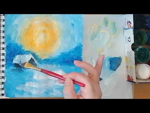 Видео: Не смотря на жёлтый цвет солнца, на картине чувствуется морозный день  Гуашь  Живопись