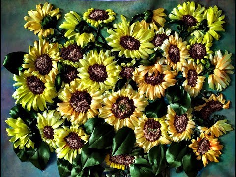 Видео: Подсолнух, вышитый лентами по принту.