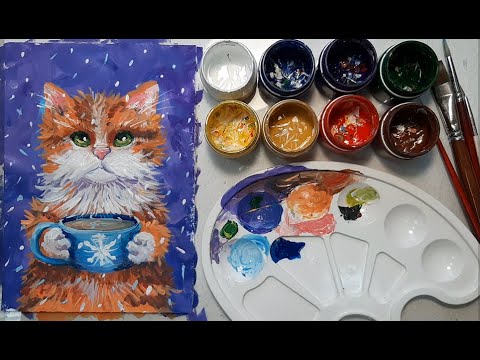 Видео: Малюємо кота/Paint a cat using gouache