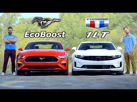 Видео: Mustang EcoBoost 2019 против Camaro 1LT // Четырехцилиндровый Pony Face Battle