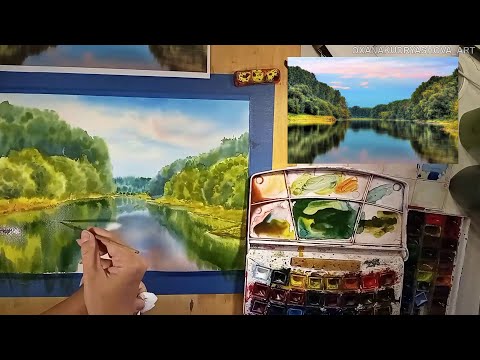 Видео: Урок РЕКА И ЛЕС - Оксана Кудряшова художник Мастер-класс акварель Watercolor Free Lesson