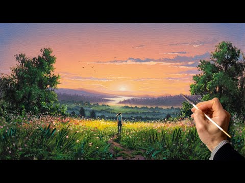Видео: 👍 Летний рассвет - пейзаж. Живопись акрилом. Рисования. Искусство. Картина. Хобби.