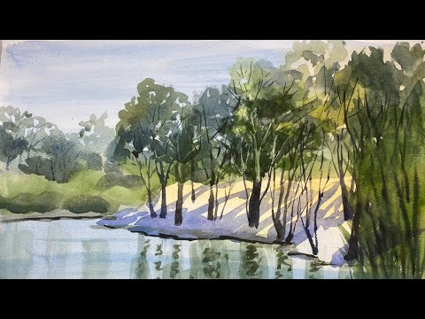 Видео: Летний пейзаж у озера. Акварель.
