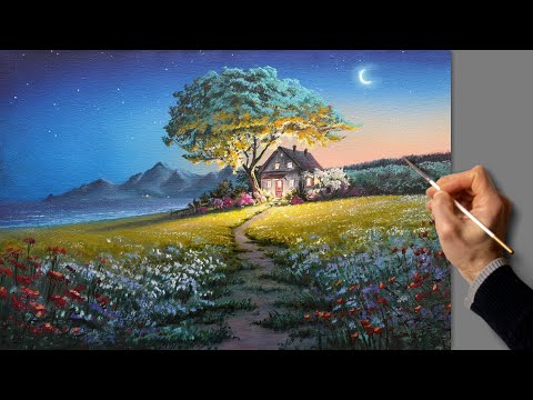 Видео: 👍 Светлая ночь - летний пейзаж. Живопись акрилом. Уроки рисования. Искусство. Красивая картина Хобби