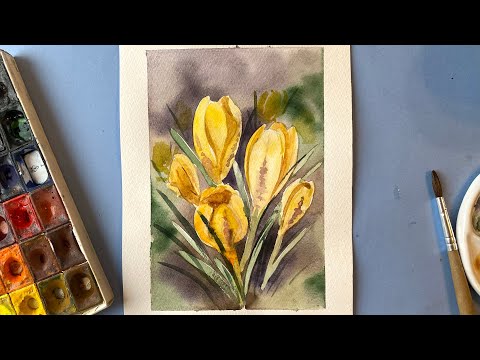 Видео: Жёлтые крокусы акварелью. Рисуем весенние цветы поэтапно