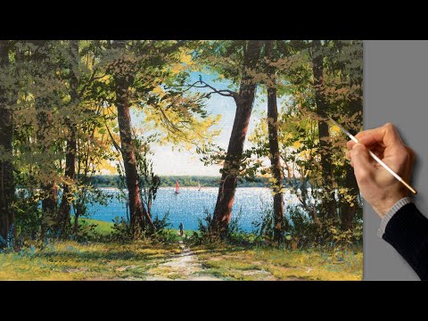 Видео: Живопись акрилом - летний пейзаж. Уроки рисования. Искусство. Красивая картина. Хобби