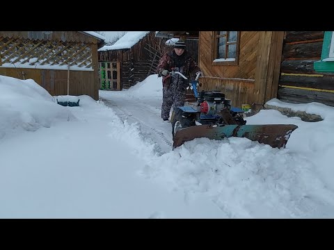 Видео: Мотоблок Нева с отвалом помогает в уборке снега.