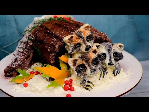 Видео: 3Д-торт без мастики! Оформляем торт кремом / Зимний торт БРЕВНО и ЕНОТЫ