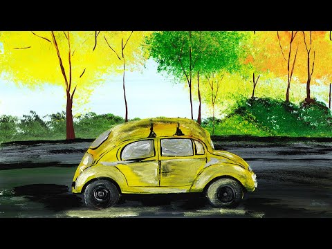 Видео: Как нарисовать осень. Рисуем машину. Интерьерная картина, осень в городе. Желтая машинка гуашью.