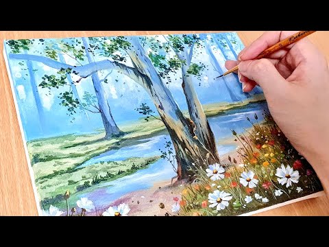 Видео: Как рисовать цветы и деревья поэтапно / Картина акрилом / Исцеляющая картина