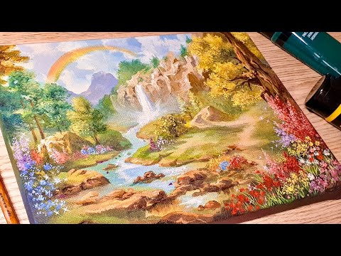 Видео: Как нарисовать пейзаж с цветами и радугой / Картина акрилом / Лечебное видео