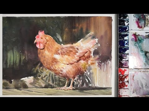 Видео: Акварельная живопись: курица в саду