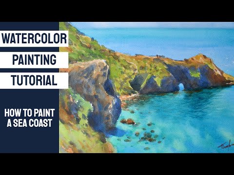 Видео: Урок акварельной живописи - Как нарисовать пейзаж с морским берегом.