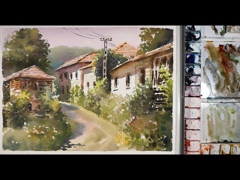 Видео: Акварельная пейзажная живопись: старая деревня в Сербии