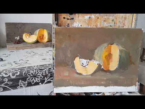 Видео: Живопись маслом для начинающих. Натюрморт с тыквой. Теплый колорит. Теплохолодность