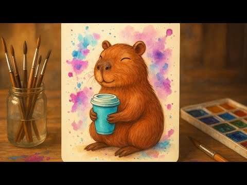 Видео: Акварельная копибара с кофе ☕ / Watercolor Capybara with Coffee Painting #watercolor #artprocess
