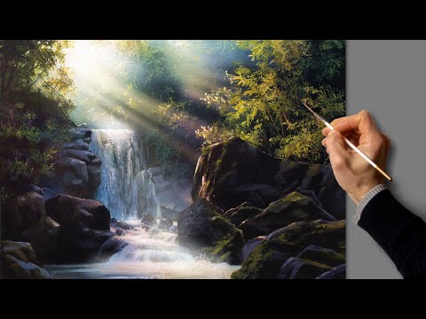 Видео: Водопад - летний пейзаж. Живопись акрилом. Уроки рисования. Искусство. Красивая картина. Хобби.